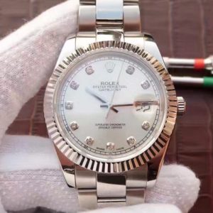 Replica Rolex DateJust 41mm 126334 Fluted Bezel White Dial Diamonds Markers SS Jubilee Bracelet A3235
