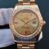 Replica Rolex Day Date II RG Gold Dial Diamonds Bezel White/Red Crystal Markers RG Bracelet A3255