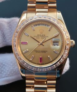 Replica Rolex Day Date II RG Gold Dial Diamonds Bezel White/Red Crystal Markers RG Bracelet A3255