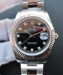 Replica Rolex DateJust 41mm 116334 Fluted Bezel Black Dial Diamonds Markers SS Bracelet A3136