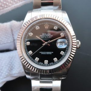 Replica Rolex DateJust 41mm 116334 Fluted Bezel Black Dial Diamonds Markers SS Bracelet A3136
