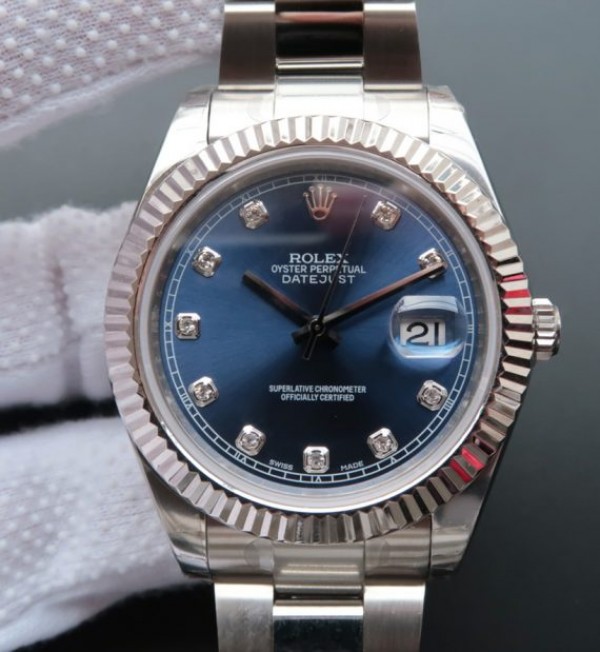 Replica Rolex DateJust 41mm 116334 SS Blue Dial Diamonds Markers SS Bracelet A3136
