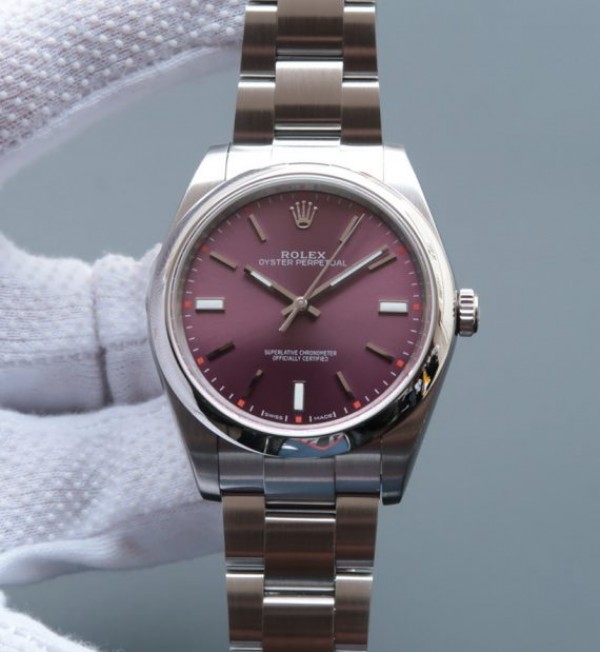 Replica Rolex Oyster Perpetual 39mm 114300 Red Grape Dial on SS Bracelet SH3132