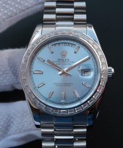 Replica Rolex Day Date SS Diamonds Bezel Ice Blue Dial Crystal Markers SS Bracelet A3255