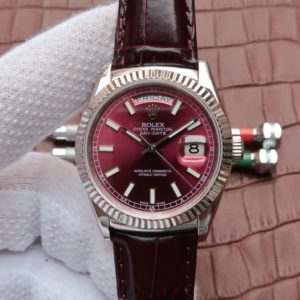 Replica Rolex Day-Date 36mm 118139-L Red Dial Stick Markers Brown Leather Strap A2836