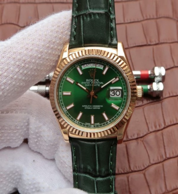 Replica Rolex Day-Date 118138 YG Green Dial Green Leather Strap A2836