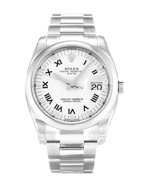 34 MM Steel (Oyster) White Roman Numeral Replica Rolex Oyster Perpetual Date 115200