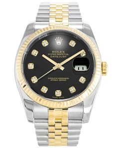 36 MM Gold Plated 316 Grade Stainless Steel Replica Rolex Datejust Two Tone Black