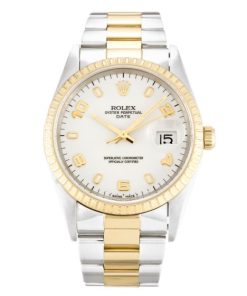 34 MM Steel & Yellow Gold White Arabic Replica Rolex Oyster Perpetual Date 15223